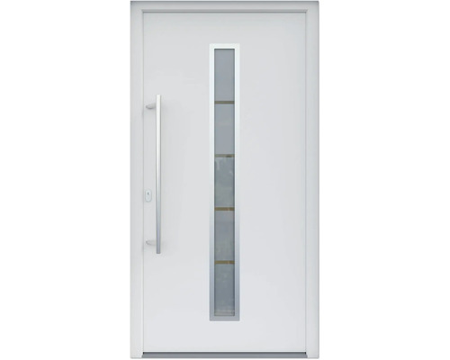 ARON HaustürARON 3161 Aluminium-Kunststoff-Verbund RAL 9016 verkehrsweiß 1100x2100 mm beidseitig flügelüberdeckend DIN Links inkl.Stoßgriffset,Innendrücker in Edelstahl,Profilzylinder mit 3 Schlüsseln Weiße Haustür mit Glaseinsatz und Griff