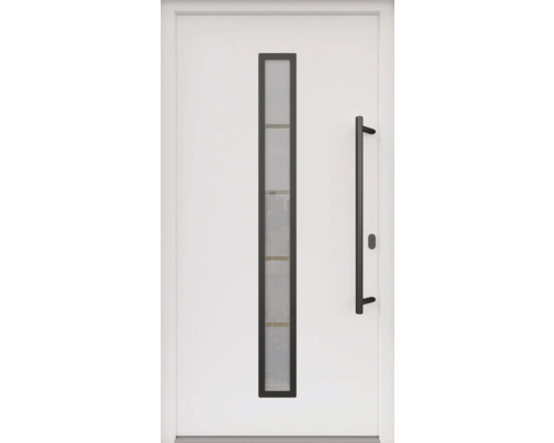 ARON HaustürARON 3171 Aluminium-Kunststoff-Verbund RAL 9016 verkehrsweiß 1000x2100 mm beidseitig flügelüberdeckend DIN Rechts inkl.Stoßgriffset,Innendrücker in Schwarz,Profilzylinder mit 3 Schlüsseln Weiße Haustür mit Glaseinsatz und Stangengriff