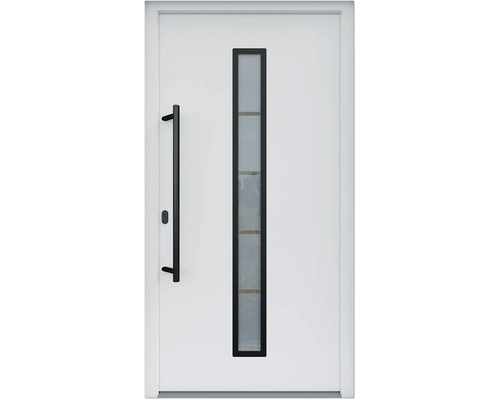 ARON HaustürARON 3171 Aluminium-Kunststoff-Verbund RAL 9016 verkehrsweiß 1100x2100 mm beidseitig flügelüberdeckend DIN Links inkl.Stoßgriffset,Innendrücker in Schwarz,Profilzylinder mit 3 Schlüsseln Weiße Haustür mit Glasausschnitt und Griffstange