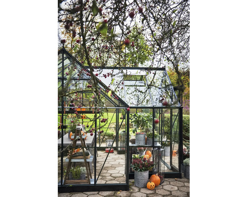 Gewächshaus mit Inneneinrichtung und herbstlicher Dekoration im Garten