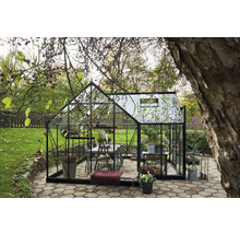 Gewächshaus mit Glas und Metallrahmen im Garten