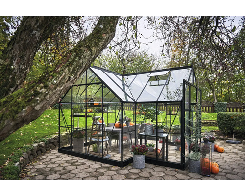 Gewächshaus mit Glas und Metallrahmen im Garten