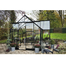 Gewächshaus mit Pflanzen und Gartenmöbeln im Außenbereich