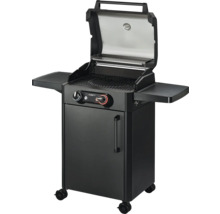 Schwarzer Gasgrill mit offenem Deckel und Seitenablagen