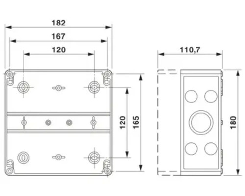 Technische Zeichnung einer Anschlussdose mit Maßangaben