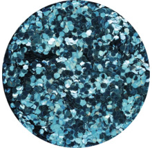 Nahaufnahme von blauem Glitzer in sechseckiger Form