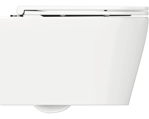 Detailansicht einer wandhängenden Toilette mit Toilettendeckel