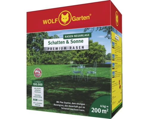 Rasensamen WOLF-Garten Premium Schatten Sonne LP200 4 kg / 200 m² Wolf Garten Schatten und Sonne Premium Rasenpackung mit Rasenneuanlage