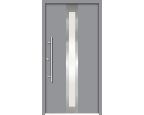 Graue Haustür mit Glaseinsatz und Griff