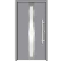 Graue Haustür mit Glaseinsatz und Edelstahlgriff