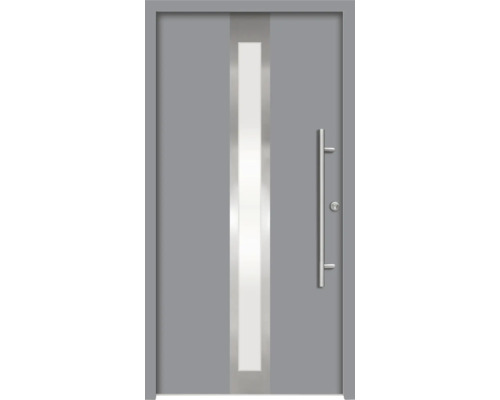Graue Haustür mit Glaseinsatz und Edelstahlgriff