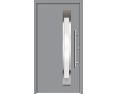 Graue Haustür mit Glaseinsatz und Griff