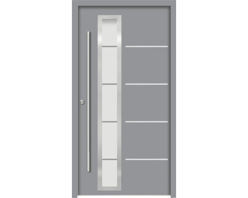 Graue Haustür mit Glaseinsatz und horizontalen Zierlinien