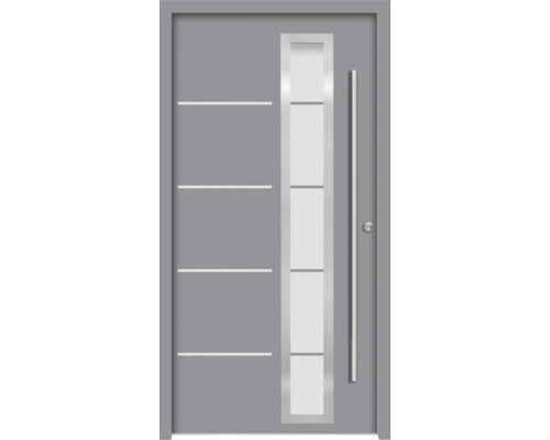 Graue Haustür mit Glaseinsatz und Edelstahlgriff