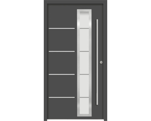 Moderne Haustür mit Glaseinsatz und horizontalen Zierlinien