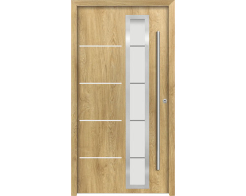Holztür mit Glaseinsatz und senkrechtem Griff