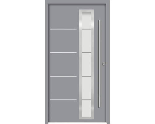 Graue Haustür mit Glaseinsatz und horizontalen Zierelementen.