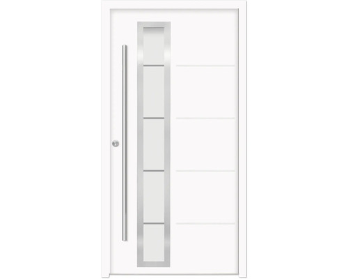 Weiße Haustür mit Glaseinsatz und Edelstahlgriff