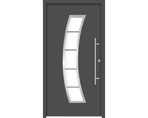 Graue Haustür mit Glaseinsatz und Edelstahlgriff