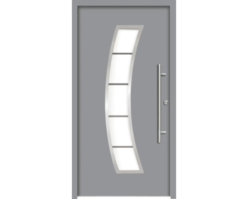 Graue Haustür mit Glaseinsatz und Edelstahlgriff