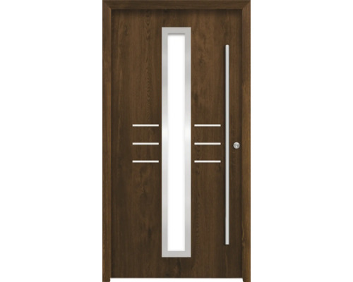 Haustür mit Glaseinsatz, Griff und horizontalen Zierelementen
