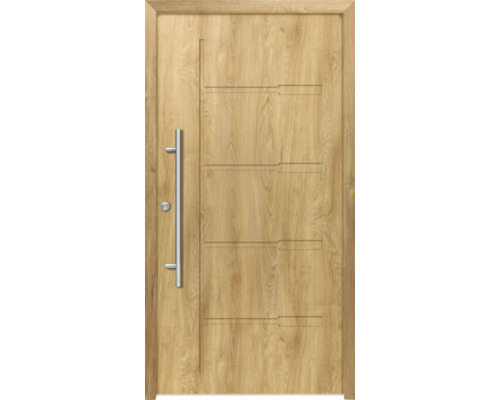 Holztür mit Metallgriff und horizontalen Zierelementen