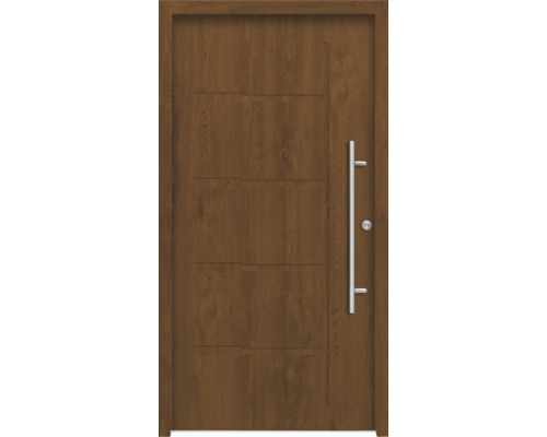 Holztür mit horizontalen Mustern und silbernem Griff