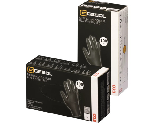 Zwei Packungen Gebol Einweghandschuhe aus schwarzem Nitril, latexfrei und ungepudert, mit texturierten Fingerspitzen und öl- sowie fettbeständig.