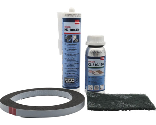 Cosmo HD 100.400 Klebstoff, Cosmo CL 310.110 Aktivator, Dichtband und Schleifvlies