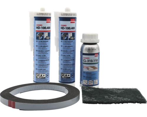 Cosmo HD-100.400 Klebstoff, Cosmo CL-310.110 Aktivator, Dichtband und Schleifvlies