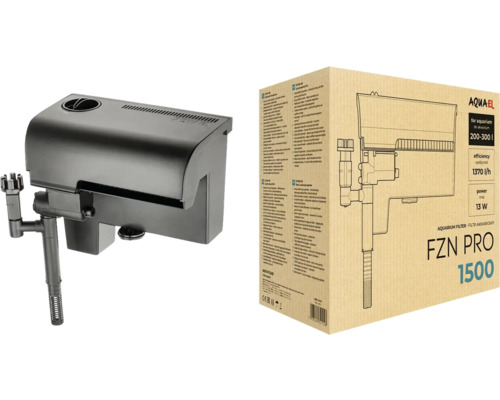 Außenfilter AQUAEL FZN PRO 1500, Rucksackfilter, 13 W, ca. 1370 l/h, schwarz Aquael FZN Pro 1500 Aquariumfilter und Produktverpackung