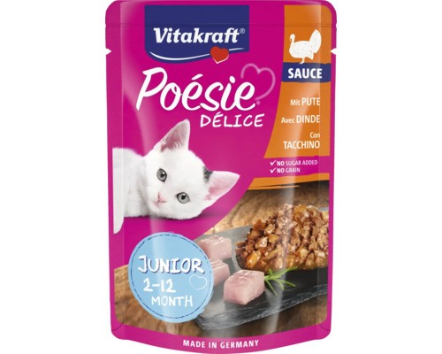 Katzenfutter nass Vitakraft Poésie Délice Junior mit Pute in Sauce 85 g Vitakraft Poesie Delice Sauce Junior Katzenfutter mit Pute, geeignet für 2 bis 12 Monate alte Kätzchen