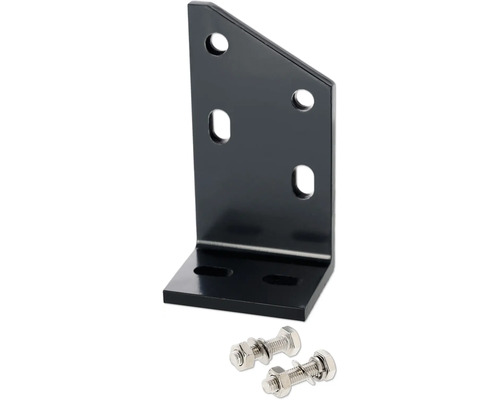 Schwarzer Winkelverbinder mit Befestigungsmaterial