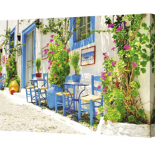 Dekorative Leinwand mit blühenden Pflanzen an einer weiß gestrichenen Fassade mit blauen Akzenten