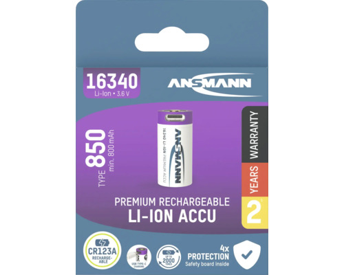 Akkubatterie ANSMANN Li-Ion Akku 16340 3,6 V 850 mAh mit Micro-USB Ladebuchse 1 Stk.