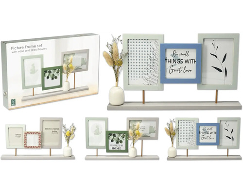 Bilderrahmen Collage MDF grün blau braun 10x15 cm 10x10 cm Dekoratives Fotorahmen Set mit drei Rahmen, Vase und Trockenblumen auf einem Regal