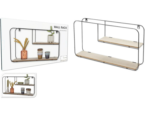 Wandregal Metall schwarz 29x52x10,5 cm Wandregal mit zwei Ablagen aus Holz und Metall