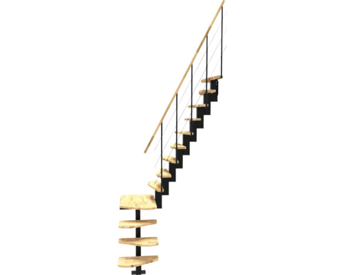 Spindeltreppe mit Holzstufen und Metallgeländer