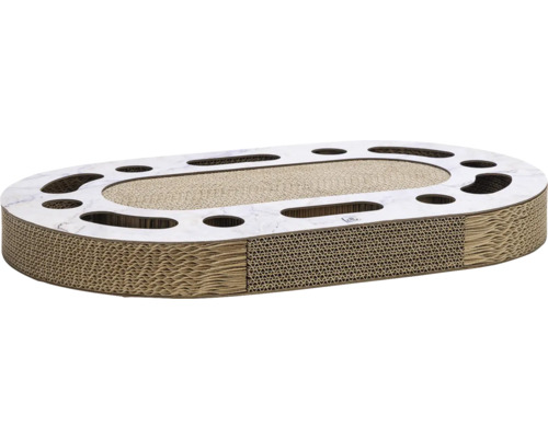 Kratzbrett aus Karton in ovaler Form mit Löchern für Katzen