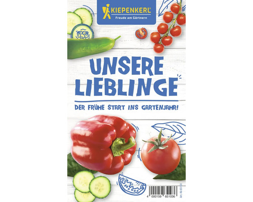 Samen-Bundle Kiepenkerl 'Unsere Lieblinge', 4 Packungen inkl. Aussaatratgeber Kiepenkerl Logo. Das Bild zeigt Gemüse wie Tomaten, Gurken und Paprika.
