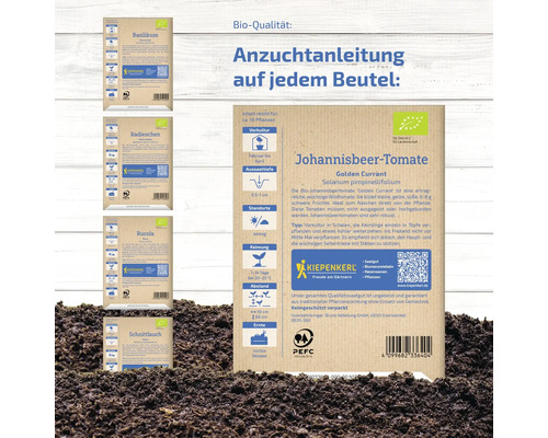 Abbildung verschiedener Kiepenkerl-Samenpackungen, darunter Basilikum, Radieschen, Rucola, Schnittlauch und Johannisbeer-Tomate.