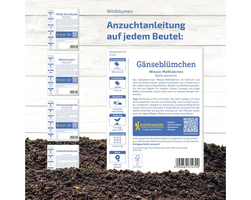 Informationen zur Aussaat von Wildblumenmischungen mit Gänseblümchen, Klatschmohn, Kornblume, Liebeshainsblume und Wiesenmargerite sowie Kiepenkerl Logo