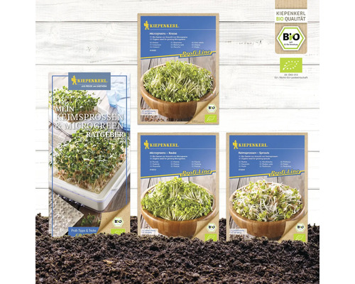 Verschiedene Kiepenkerl Sämereien und ein Ratgeber zum Thema Keimsprossen und Microgreens