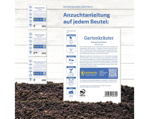 Abbildung von Kiepenkerl Saatgutpackungen und Informationen zur Aussaat von Gartenkräutern