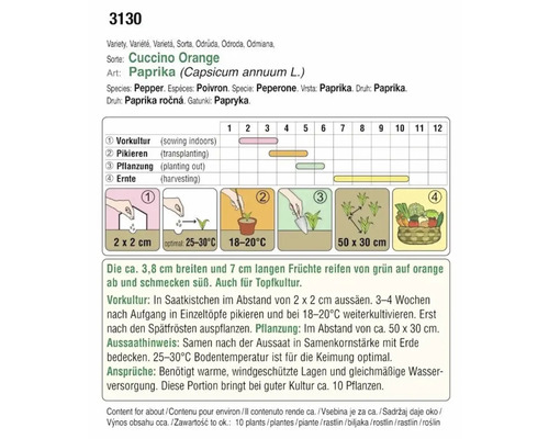 Anleitung zur Anzucht von Cuccino Orange Paprika mit Informationen zu Aussaat, Pikieren, Pflanzung und Ernte