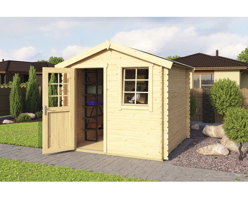 Gartenhaus Wels inkl. Fußboden Geräteraum Unterkonstruktion Fenster 230 x 230 cm Holzgartenhaus mit geöffneter Tür und Fenster