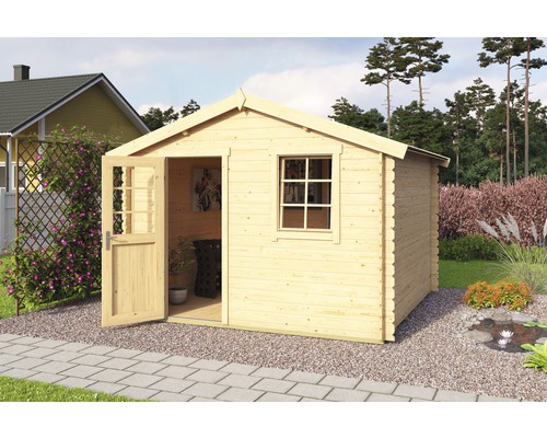 Gartenhaus Wels inkl. Fußboden Geräteraum Unterkonstruktion Fenster 300 x 300 cm Holzgartenhaus mit Fenster und offener Tür im Garten