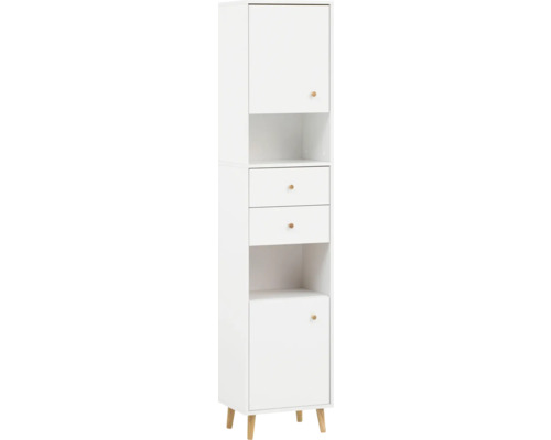 Hochschrank Möbelpartner Bjarne 40,3x180,6x33,05 cm weiß matt Schmaler weißer Schrank mit zwei Schubladen, zwei Fächern und zwei Türen