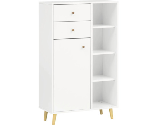 Highboard Möbelpartner Bjarne 60,2x113,4x33,05 cm weiß matt Weißer Schrank mit drei Schubladen, einer Tür und offenen Regalen