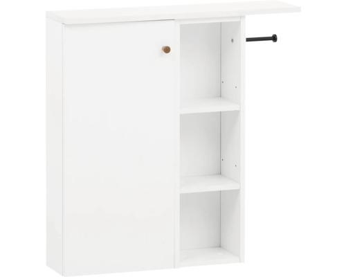 Weißer Hängeschrank mit einer Tür und drei offenen Regalen